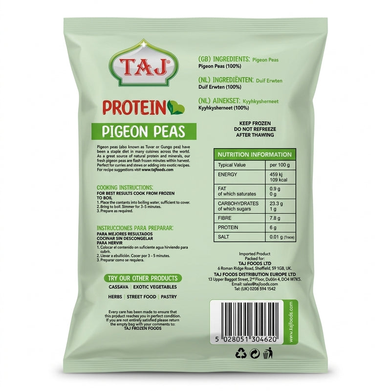 Taj Frozen Pigeon Peas by Taj Frozen — back view showing ingredients and product details, studio product photo on white background