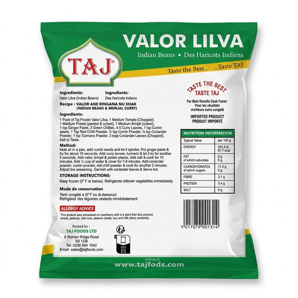 Taj Frozen Valor Lilva by Taj Frozen — back view showing ingredients and product details, studio product photo on white background