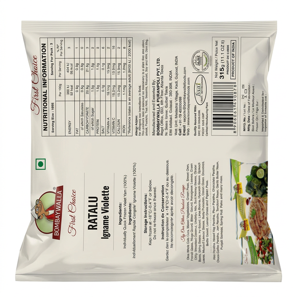 Bombaywalla Frozen Cut Ratalu by Bombaywalla Frozen — back view showing ingredients and product details, studio product photo on white background