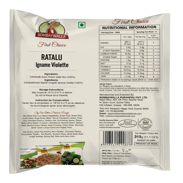 Bombaywalla Frozen Cut Ratalu by Bombaywalla Frozen — back view showing ingredients and product details, studio product photo on white background