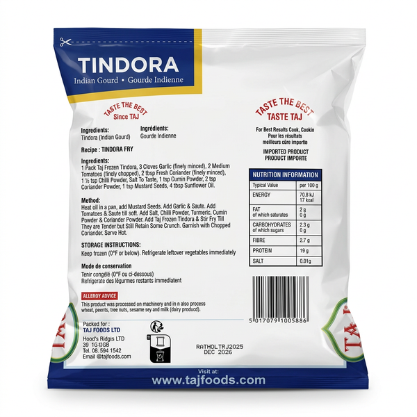 Taj Frozen Tindora by Taj Frozen — back view showing ingredients and product details, studio product photo on white background