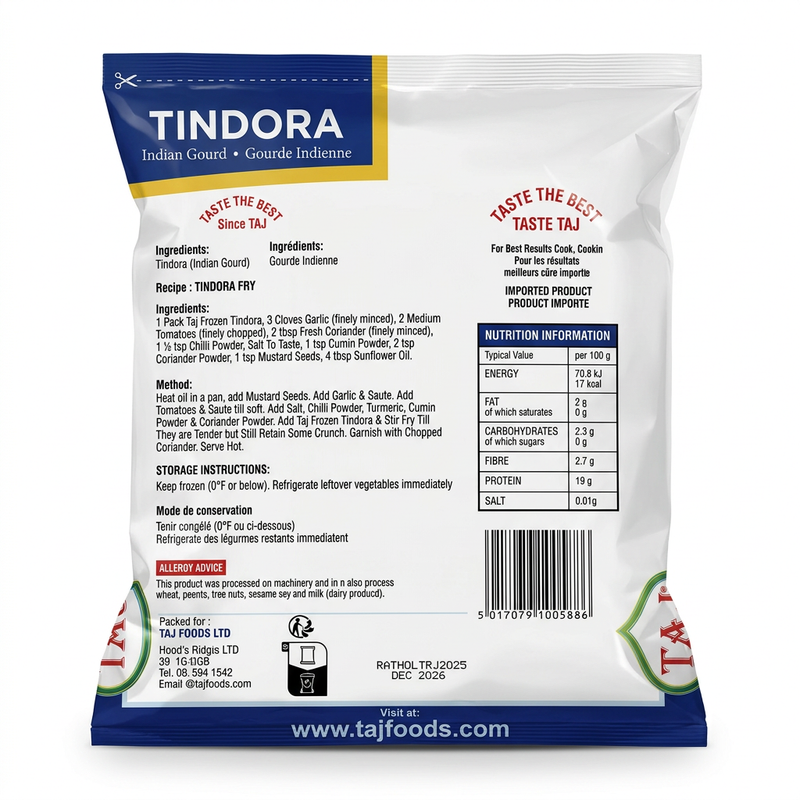 Taj Frozen Tindora by Taj Frozen — back view showing ingredients and product details, studio product photo on white background