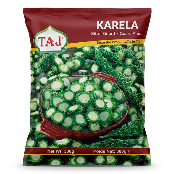 Taj Frozen Karela by Taj Frozen — front view showing product label and branding, studio product photo on white background