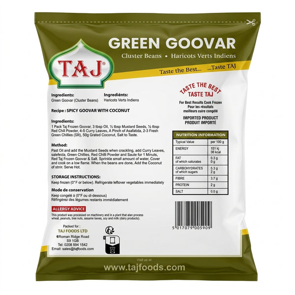Taj Frozen Green Goovar by Taj Frozen — back view showing ingredients and product details, studio product photo on white background