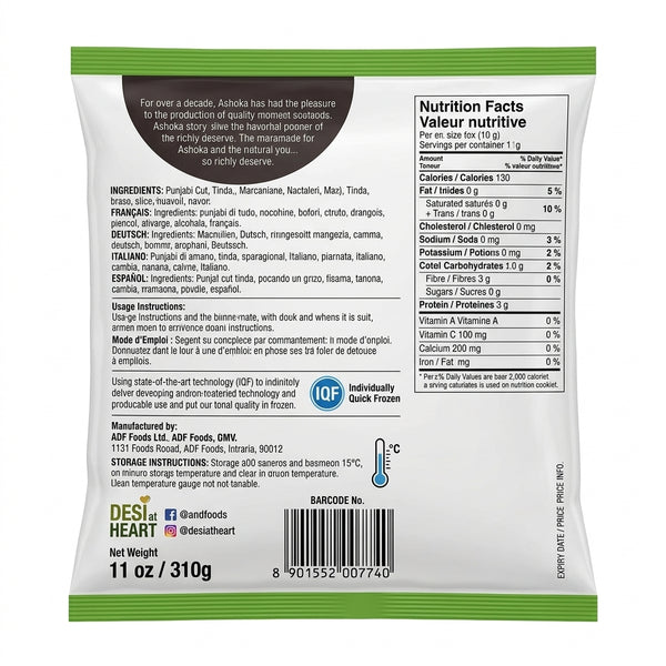 Ashoka Frozen Punjabi Cut Tinda by Ashoka Frozen — back view showing ingredients and product details, studio product photo on white background
