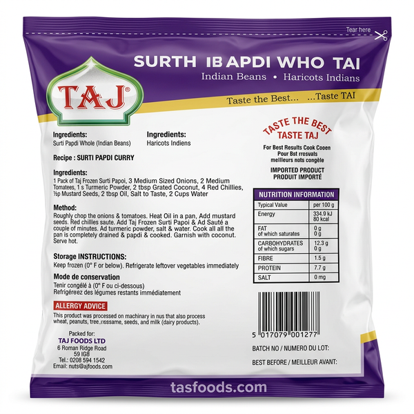Taj Frozen Surti Whole Papdi by Taj Frozen — back view showing ingredients and product details, studio product photo on white background