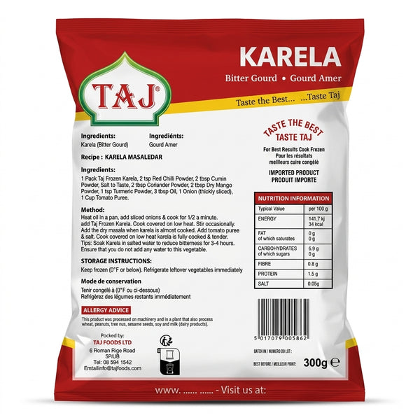 Taj Frozen Karela by Taj Frozen — back view showing ingredients and product details, studio product photo on white background