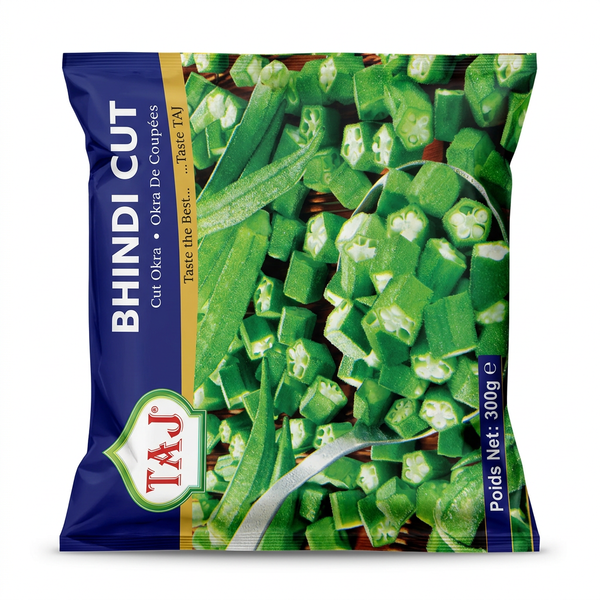 Taj Frozen Cut Bhindi by Taj Frozen — front view showing product label and branding, studio product photo on white background