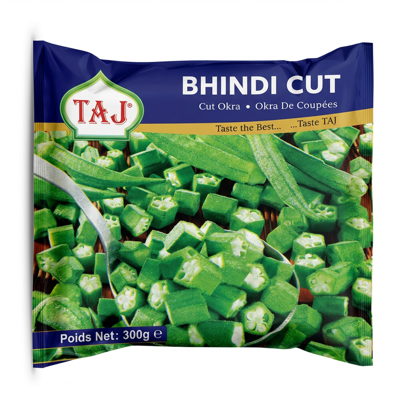 Taj Frozen Cut Bhindi by Taj Frozen — front view showing product label and branding, studio product photo on white background