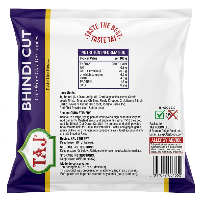 Taj Frozen Cut Bhindi by Taj Frozen — back view showing ingredients and product details, studio product photo on white background