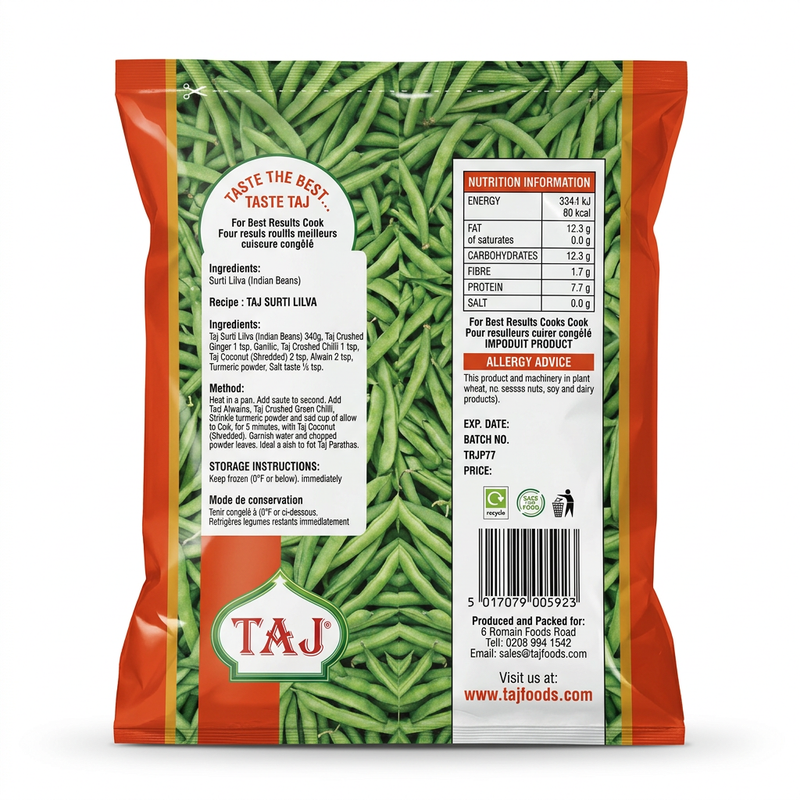 Taj Frozen Surti Lilva by Taj Frozen — back view showing ingredients and product details, studio product photo on white background