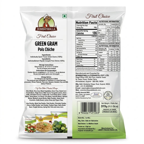 Bombaywalla Frozen Green Gram by Bombaywalla Frozen — back view showing ingredients and product details, studio product photo on white background