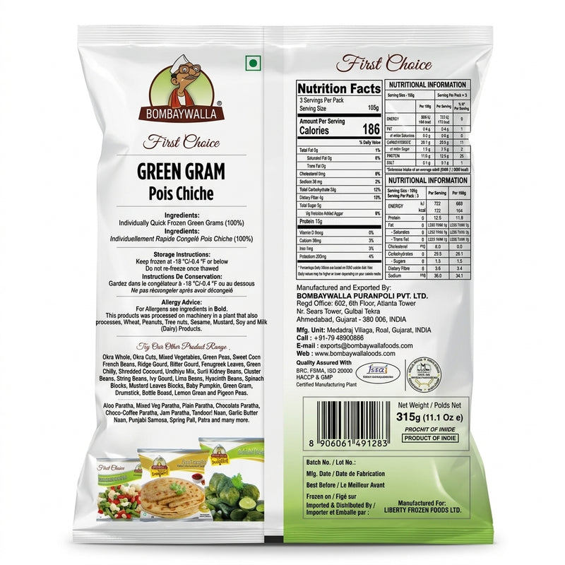 Bombaywalla Frozen Green Gram by Bombaywalla Frozen — back view showing ingredients and product details, studio product photo on white background
