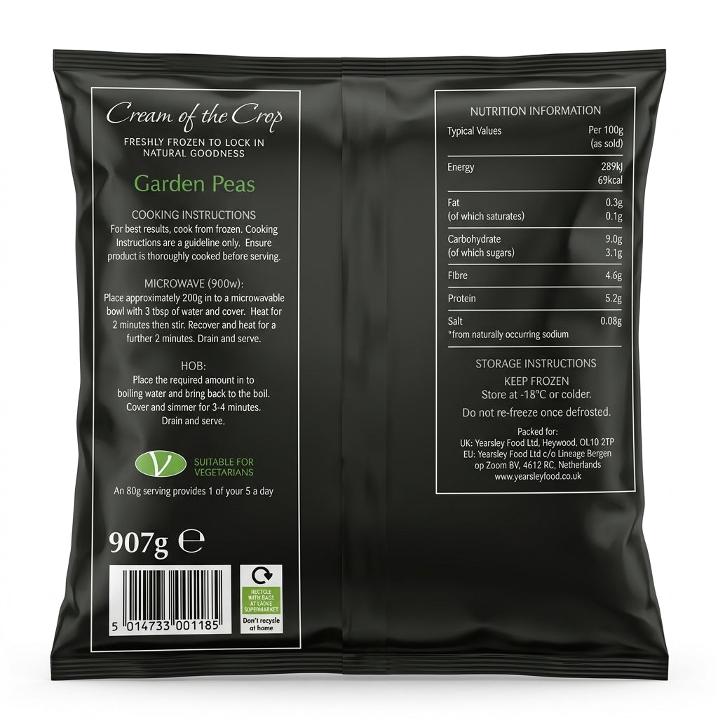 Cream Of the Crop Frozen Supreme Peas by Cream Of the Crop Frozen — back view showing ingredients and product details, studio product photo on white background