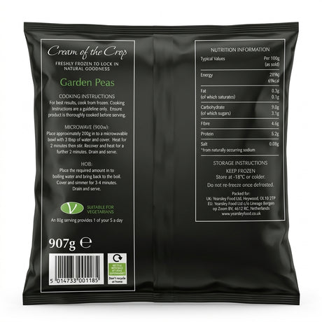 Cream Of the Crop Frozen Supreme Peas by Cream Of the Crop Frozen — back view showing ingredients and product details, studio product photo on white background