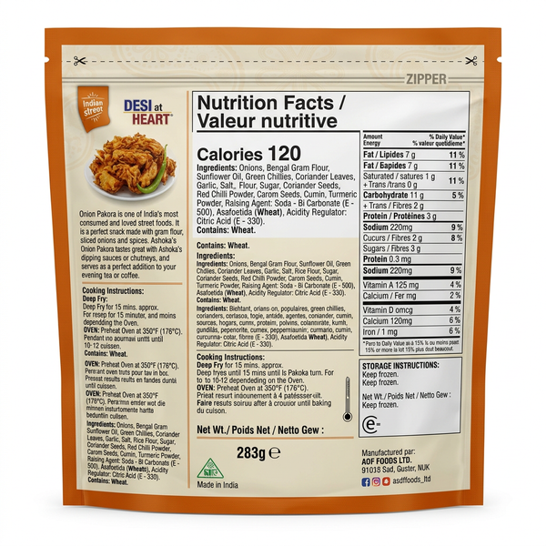 Ashoka Frozen Onion Pakora by Ashoka Frozen — back view showing ingredients and product details, studio product photo on white background