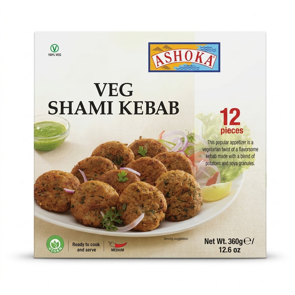 Ashoka Frozen Veg Shami Kebab by Variety Foods UK — front view showing product label and branding, studio product photo on white background