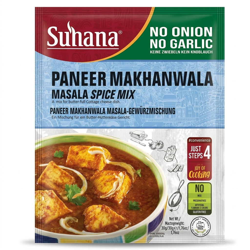 Suhana Nong Paneer Makhanwala Spice Mix by Suhana Ground Spices — front view showing product label and branding, studio product photo on white background