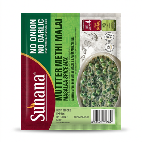 Suhana Nong Methi Matar Malai Spice Mix by Suhana Ground Spices — front view showing product label and branding, studio product photo on white background