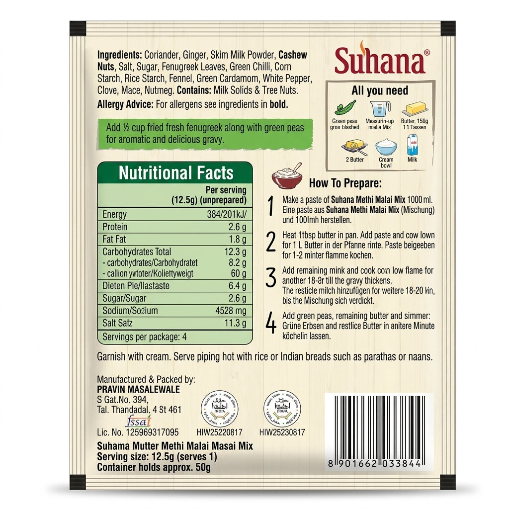 Suhana Nong Methi Matar Malai Spice Mix by Suhana Ground Spices — back view showing ingredients and product details, studio product photo on white background