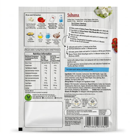Suhana Nong Paneer Tikka Masala Spice Mix by Suhana Ground Spices — back view showing ingredients and product details, studio product photo on white background