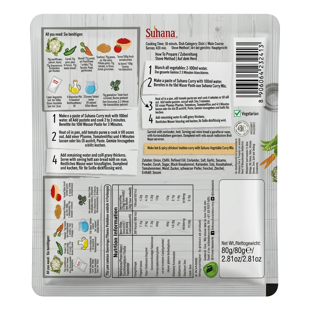 Suhana Vegetable Curry Masala Mix by Suhana Ground Spices — back view showing ingredients and product details, studio product photo on white background