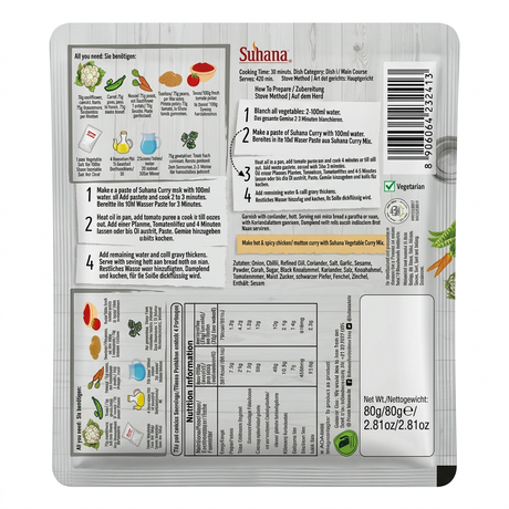 Suhana Vegetable Curry Masala Mix by Suhana Ground Spices — back view showing ingredients and product details, studio product photo on white background