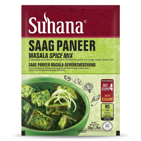 Suhana Saag Paneer Spice Mix by Suhana Ground Spices — front view showing product label and branding, studio product photo on white background