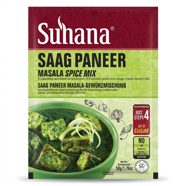 Suhana Saag Paneer Spice Mix by Suhana Ground Spices — front view showing product label and branding, studio product photo on white background