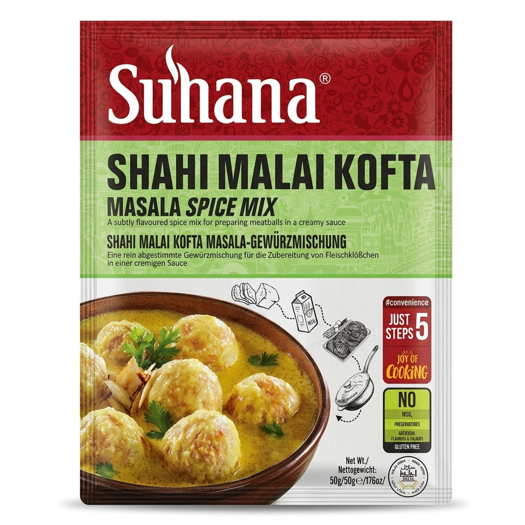 Suhana Shahi Malai Kofta Spice Mix by Suhana Ground Spices — front view showing product label and branding, studio product photo on white background