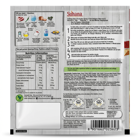 Suhana Shahi Malai Kofta Spice Mix by Suhana Ground Spices — back view showing ingredients and product details, studio product photo on white background