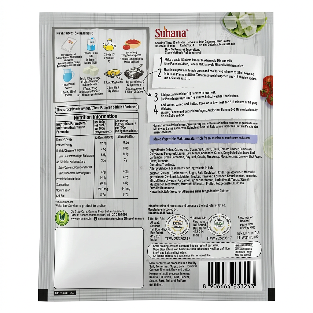 Suhana Paneer Makhanwala Spice Mix by Suhana Ground Spices — back view showing ingredients and product details, studio product photo on white background