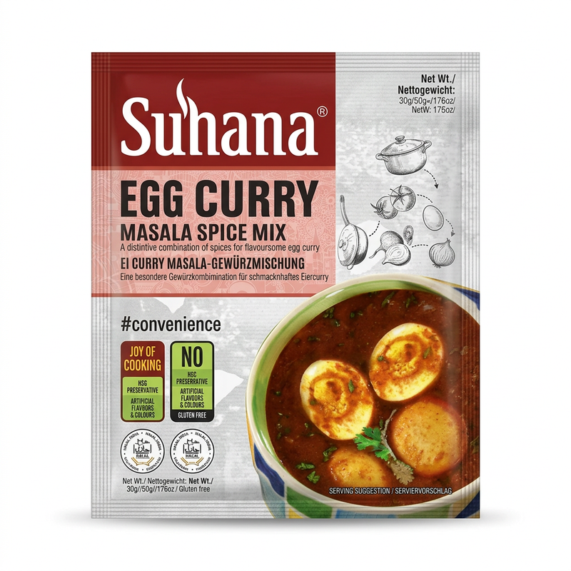 Suhana Egg Curry Spice Mix by Suhana Ground Spices — front view showing product label and branding, studio product photo on white background