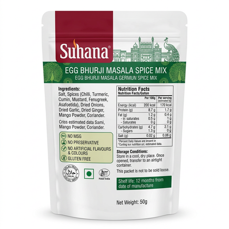 Suhana Egg Bhurji Spice Mix by Suhana Ground Spices — back view showing ingredients and product details, studio product photo on white background