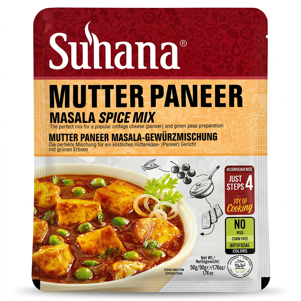 Suhana Mutter Paneer Spice Mix by Suhana Ground Spices — front view showing product label and branding, studio product photo on white background