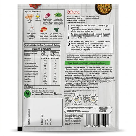 Suhana Egg Bhurji Spice Mix by Suhana Ground Spices — back view showing ingredients and product details, studio product photo on white background