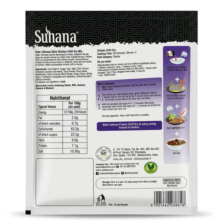 Suhana Chicken Chilli Dry Mix by Suhana Ground Spices — back view showing ingredients and product details, studio product photo on white background