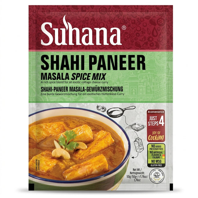 Suhana Shahi Paneer Spice Mix by Suhana Ground Spices — front view showing product label and branding, studio product photo on white background