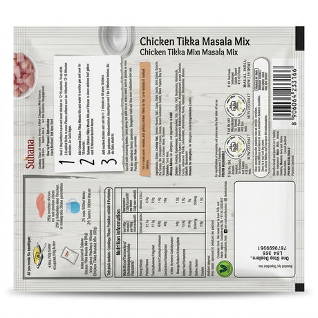 Suhana Chicken Tikka Masala Mix by Suhana Ground Spices — back view showing ingredients and product details, studio product photo on white background