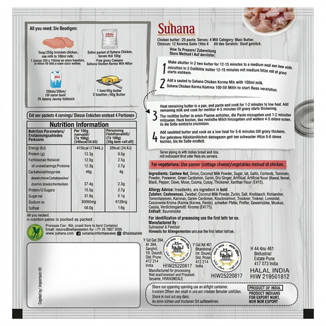 Suhana Chicken Korma Spice Mix by Suhana Ground Spices — back view showing ingredients and product details, studio product photo on white background