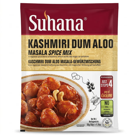 Suhana Kashmiri Dum Aloo Spice Mix by Suhana Ground Spices — front view showing product label and branding, studio product photo on white background