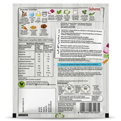 Suhana Veg Biryani Spice Mix by Suhana Ground Spices — back view showing ingredients and product details, studio product photo on white background