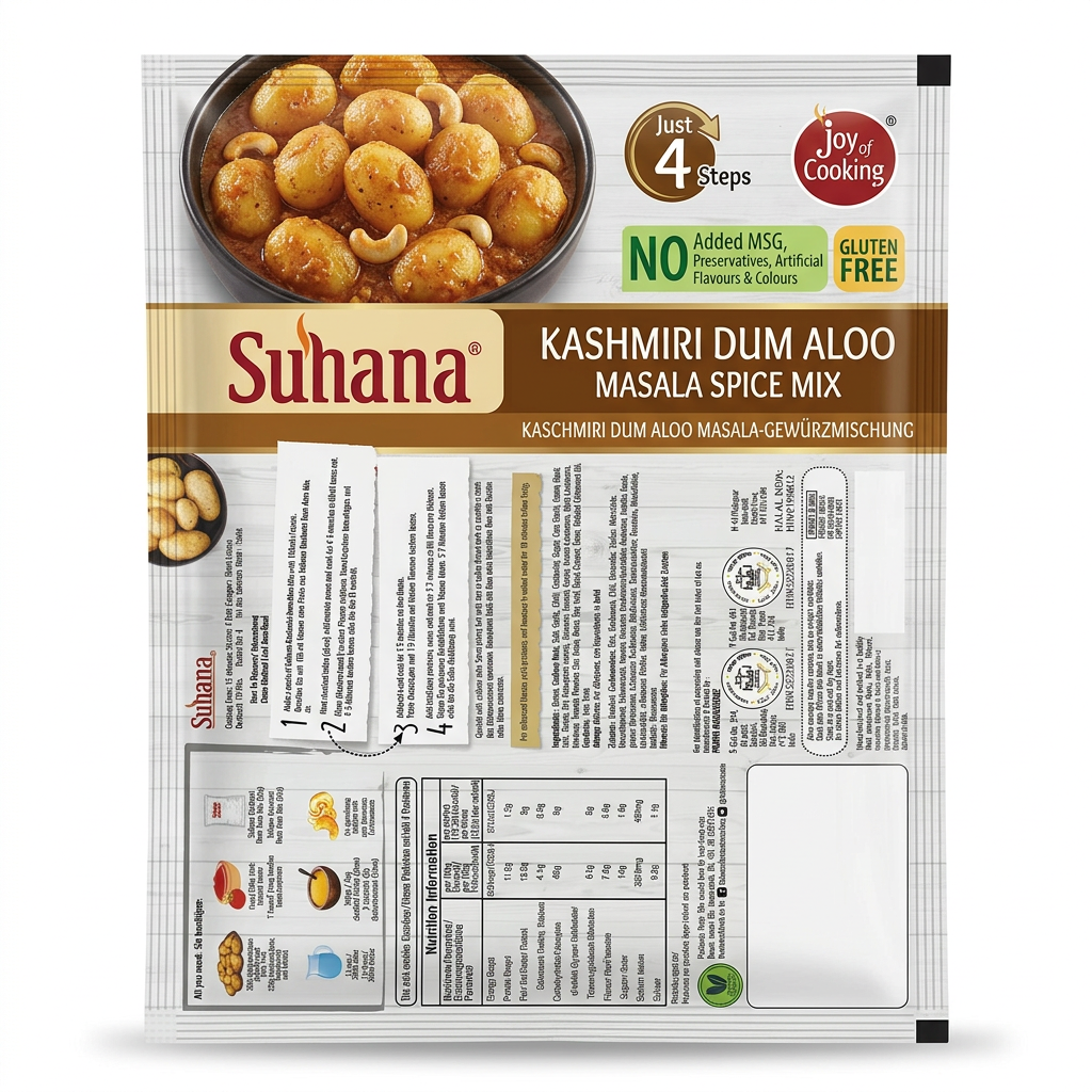 Suhana Kashmiri Dum Aloo Spice Mix by Suhana Ground Spices — back view showing ingredients and product details, studio product photo on white background