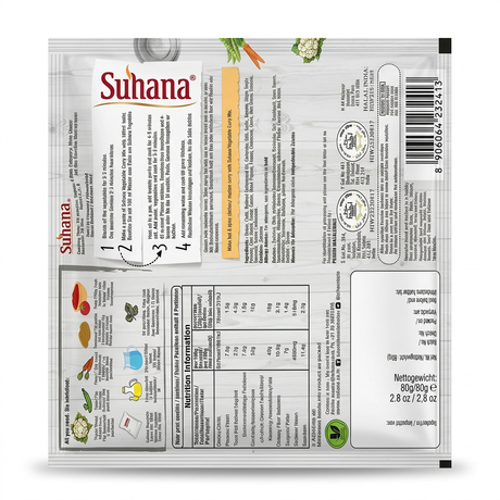 Suhana Vegetable Curry Masala Mix by Suhana Ground Spices — back view showing ingredients and product details, studio product photo on white background