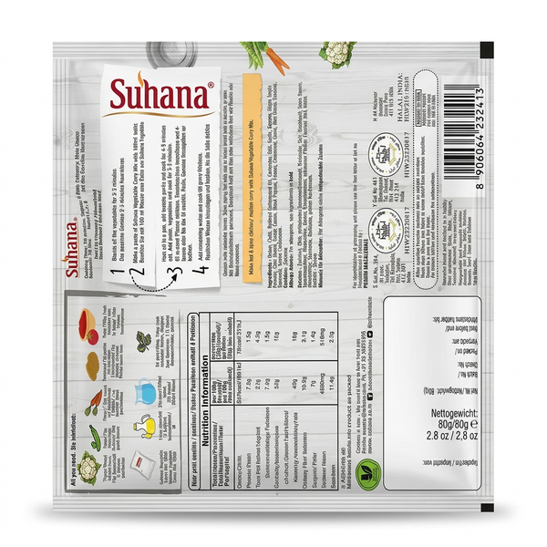 Suhana Vegetable Curry Masala Mix by Suhana Ground Spices — back view showing ingredients and product details, studio product photo on white background