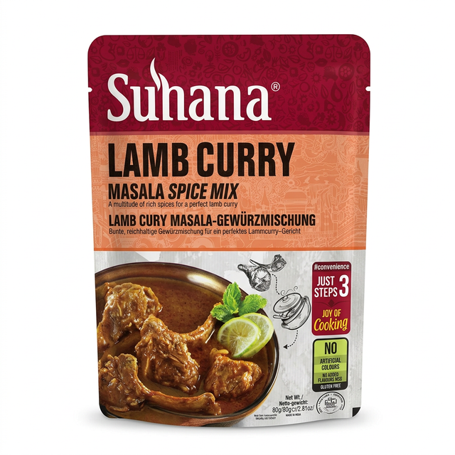Suhana Lamb Curry Spice Mix by Suhana Ground Spices — front view showing product label and branding, studio product photo on white background