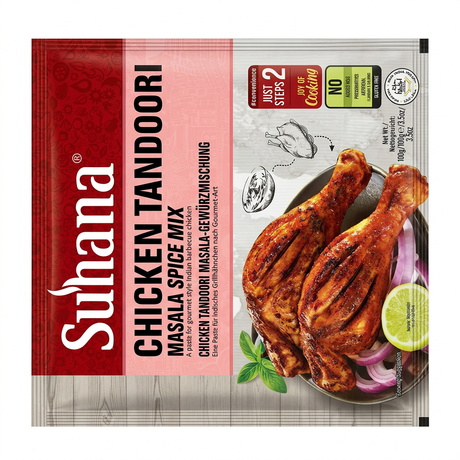 Suhana Chicken Tandoori Masala Mix by Suhana Ground Spices — front view showing product label and branding, studio product photo on white background