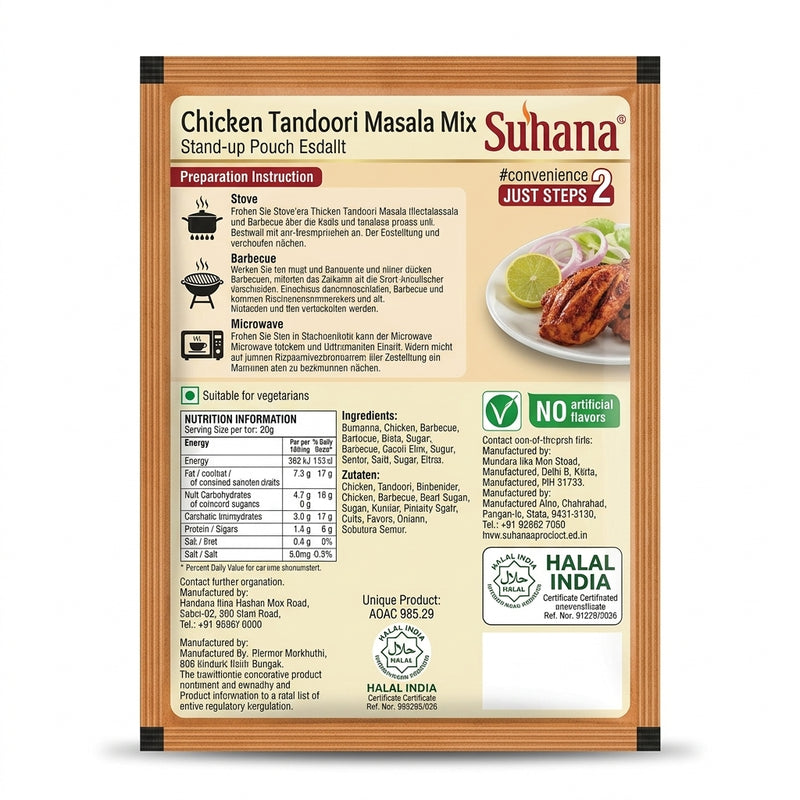 Suhana Chicken Tandoori Masala Mix by Suhana Ground Spices — back view showing ingredients and product details, studio product photo on white background