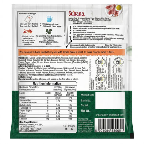 Suhana Lamb Curry Spice Mix by Suhana Ground Spices — back view showing ingredients and product details, studio product photo on white background