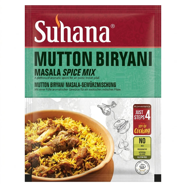 Suhana Mutton Biryani Masala by Suhana Ground Spices — front view showing product label and branding, studio product photo on white background